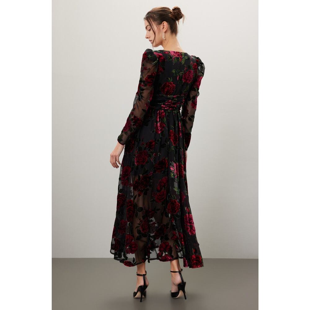 RACHEL PARCELL Black Red Floral Burnout A-Line Plunge Neckline Dress Size 0 - Picture 4 of 16